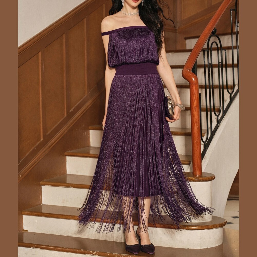 Purple Metallic Knit Fringe Off Shoulder Fitted Waist Pleated Maxi Dress